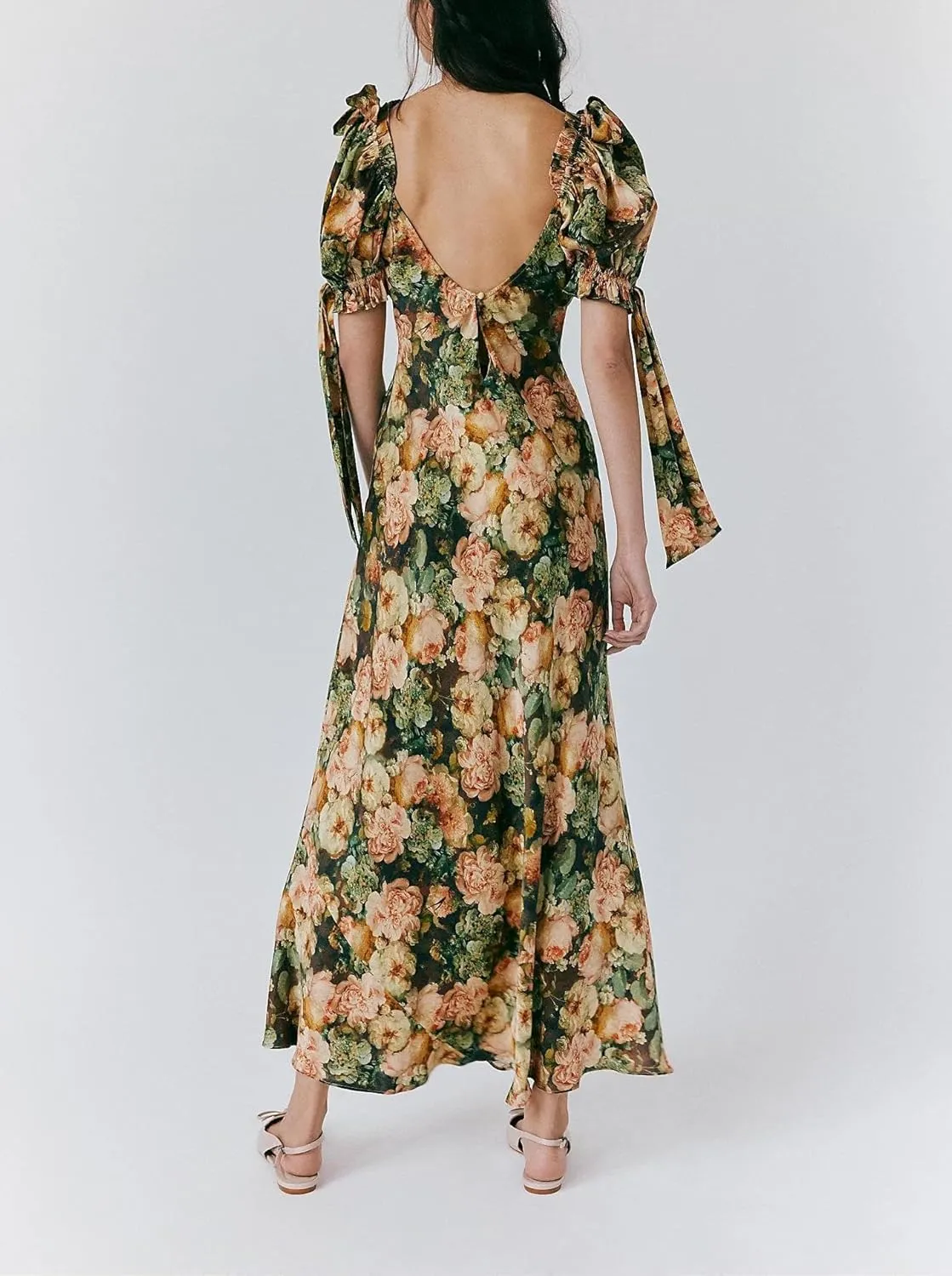 Women Y2k Boho Maxi Dress Floral Puff Short Sleeve Flowy Long Dresses Summer Backless Beach Vacation Sundress