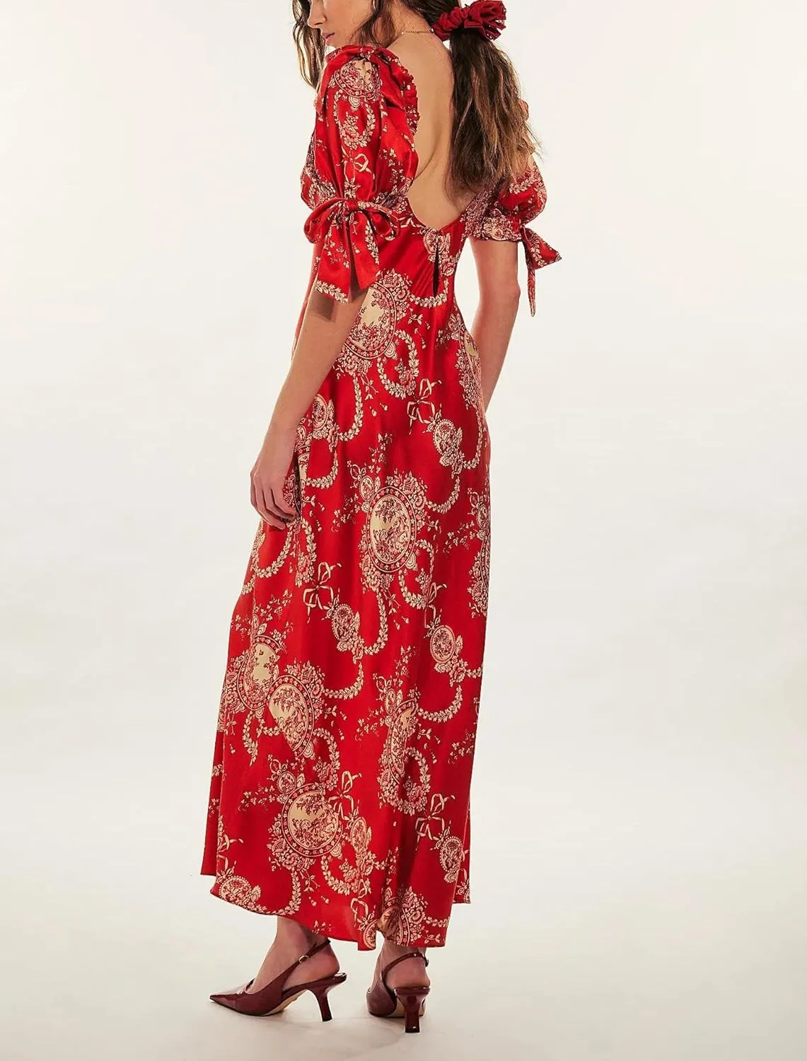 Women Y2k Boho Maxi Dress Floral Puff Short Sleeve Flowy Long Dresses Summer Backless Beach Vacation Sundress