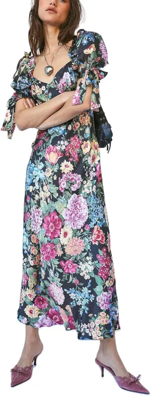 Women Y2k Boho Maxi Dress Floral Puff Short Sleeve Flowy Long Dresses Summer Backless Beach Vacation Sundress