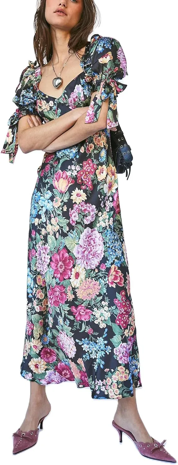 Women Y2k Boho Maxi Dress Floral Puff Short Sleeve Flowy Long Dresses Summer Backless Beach Vacation Sundress