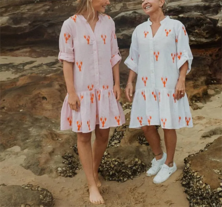 Women Y2k Boho Mini Dress Long Sleeve Lobster Print Button Down Short Dress Summer Embroidered Ruffle Sundress