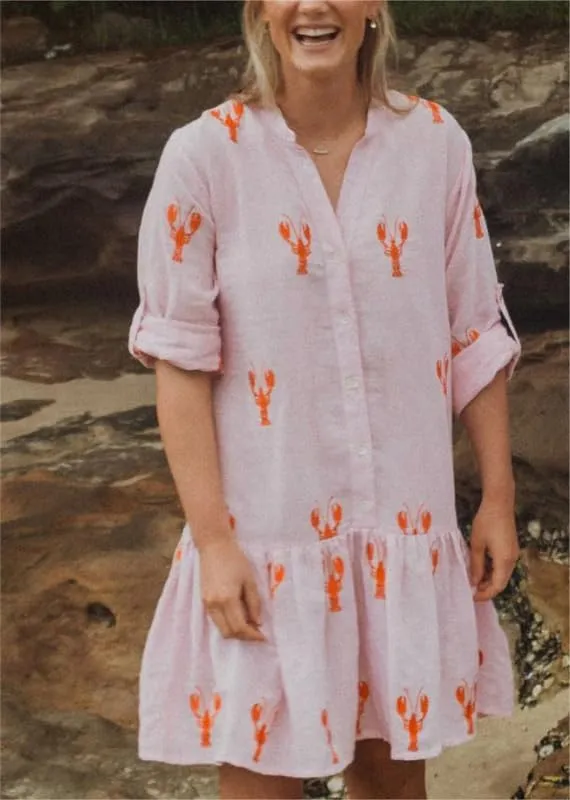 Women Y2k Boho Mini Dress Long Sleeve Lobster Print Button Down Short Dress Summer Embroidered Ruffle Sundress