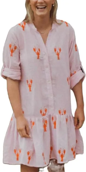 Women Y2k Boho Mini Dress Long Sleeve Lobster Print Button Down Short Dress Summer Embroidered Ruffle Sundress