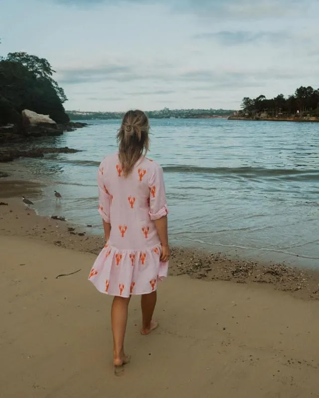 Women Y2k Boho Mini Dress Long Sleeve Lobster Print Button Down Short Dress Summer Embroidered Ruffle Sundress