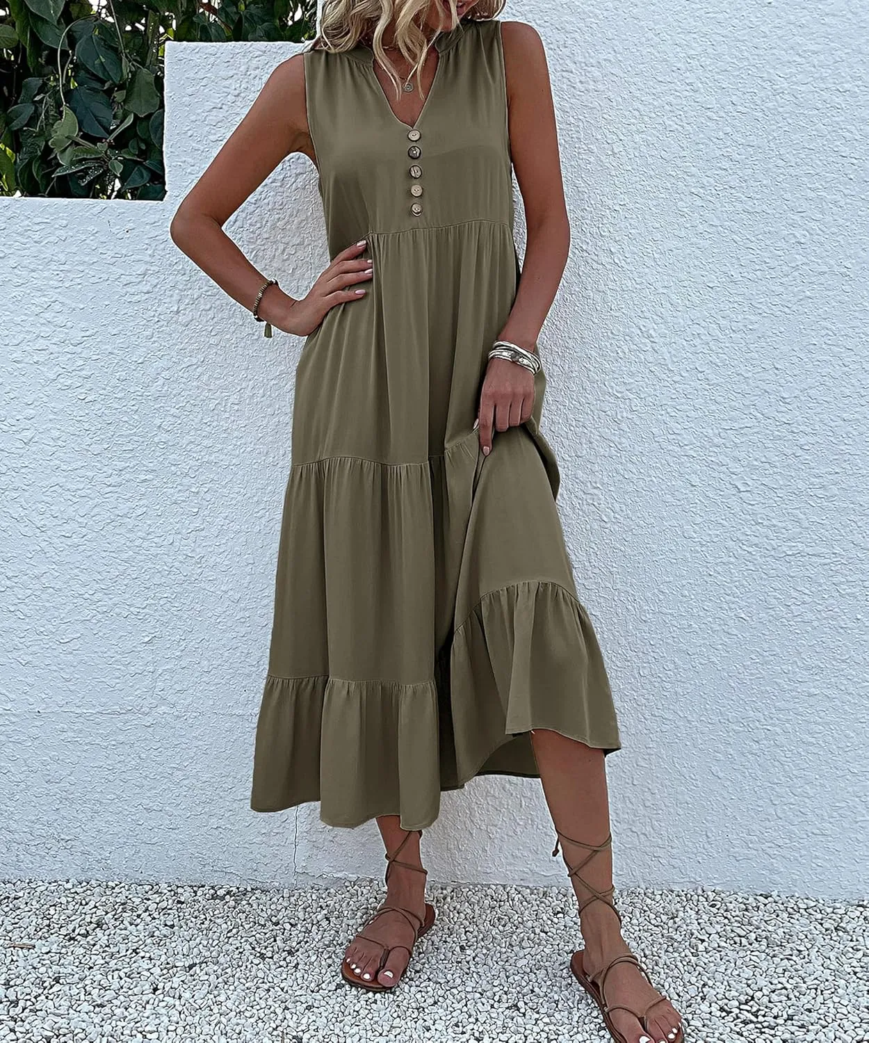 Womens 2025 Summer Dress Sleeveless V Neck Casual Dresses Loose Fit Flowy A Line Beach Sundresses