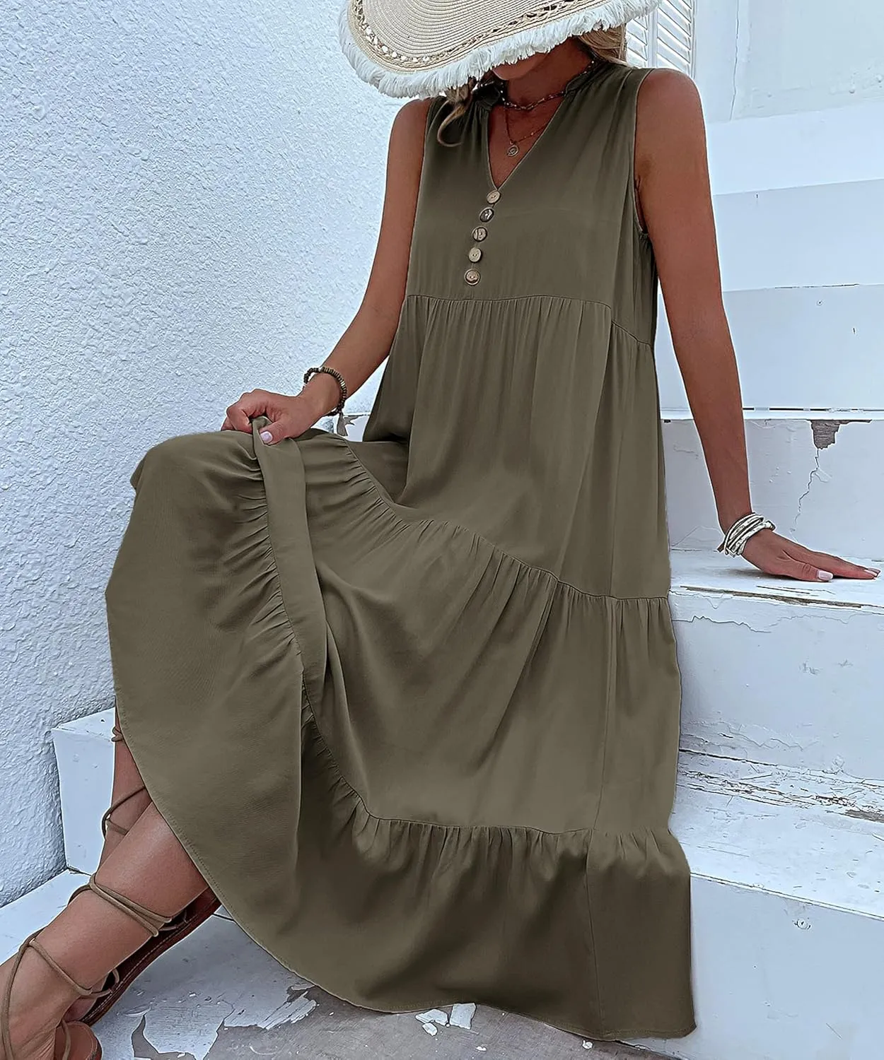 Womens 2025 Summer Dress Sleeveless V Neck Casual Dresses Loose Fit Flowy A Line Beach Sundresses