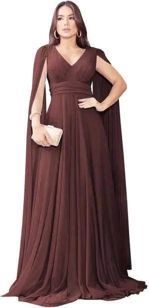 Women's A Line Chiffon Long Sleeve Prom Dress Long Sleeveless V-Neck Formal Party Evening Gown with Cape