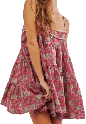 Women's Adjustable Spaghetti Strap Mini Dress Summer Floral Boho Flowy Dresses Beach Wedding Guest Sundress