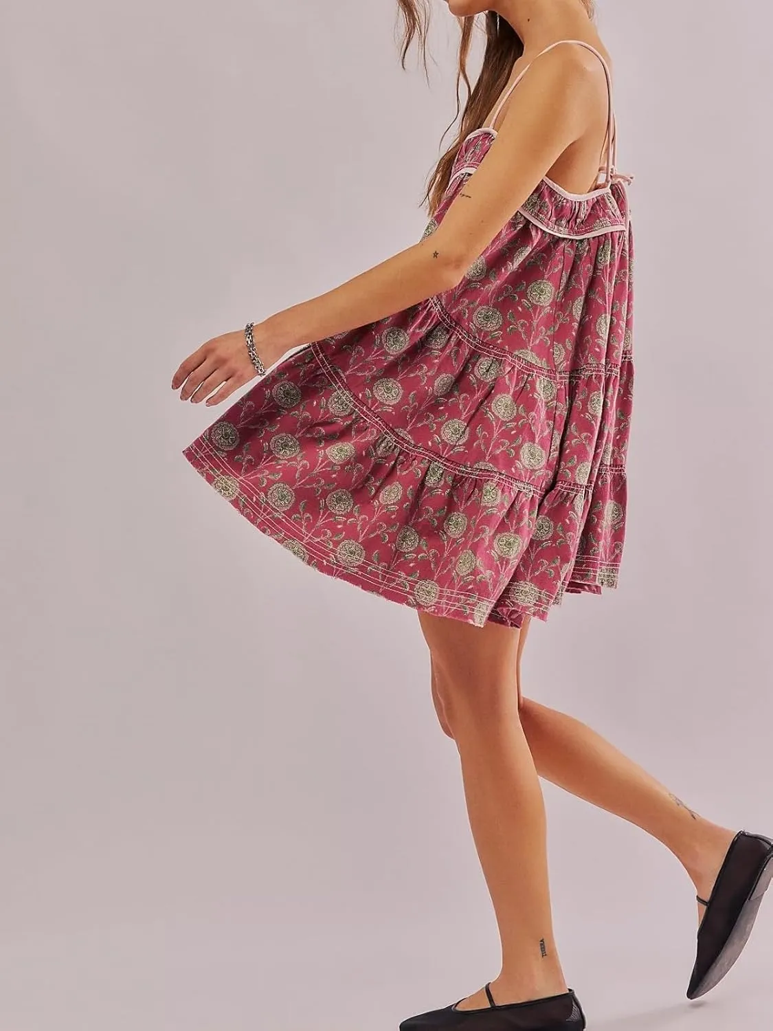 Women's Adjustable Spaghetti Strap Mini Dress Summer Floral Boho Flowy Dresses Beach Wedding Guest Sundress