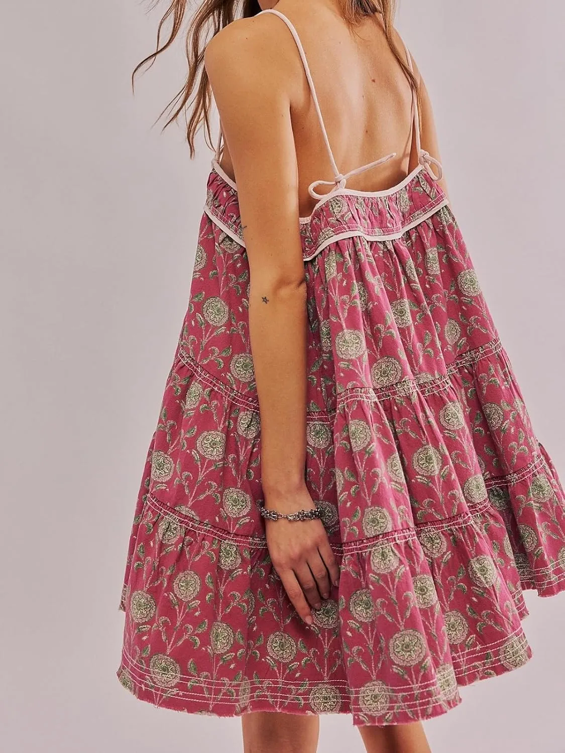 Women's Adjustable Spaghetti Strap Mini Dress Summer Floral Boho Flowy Dresses Beach Wedding Guest Sundress