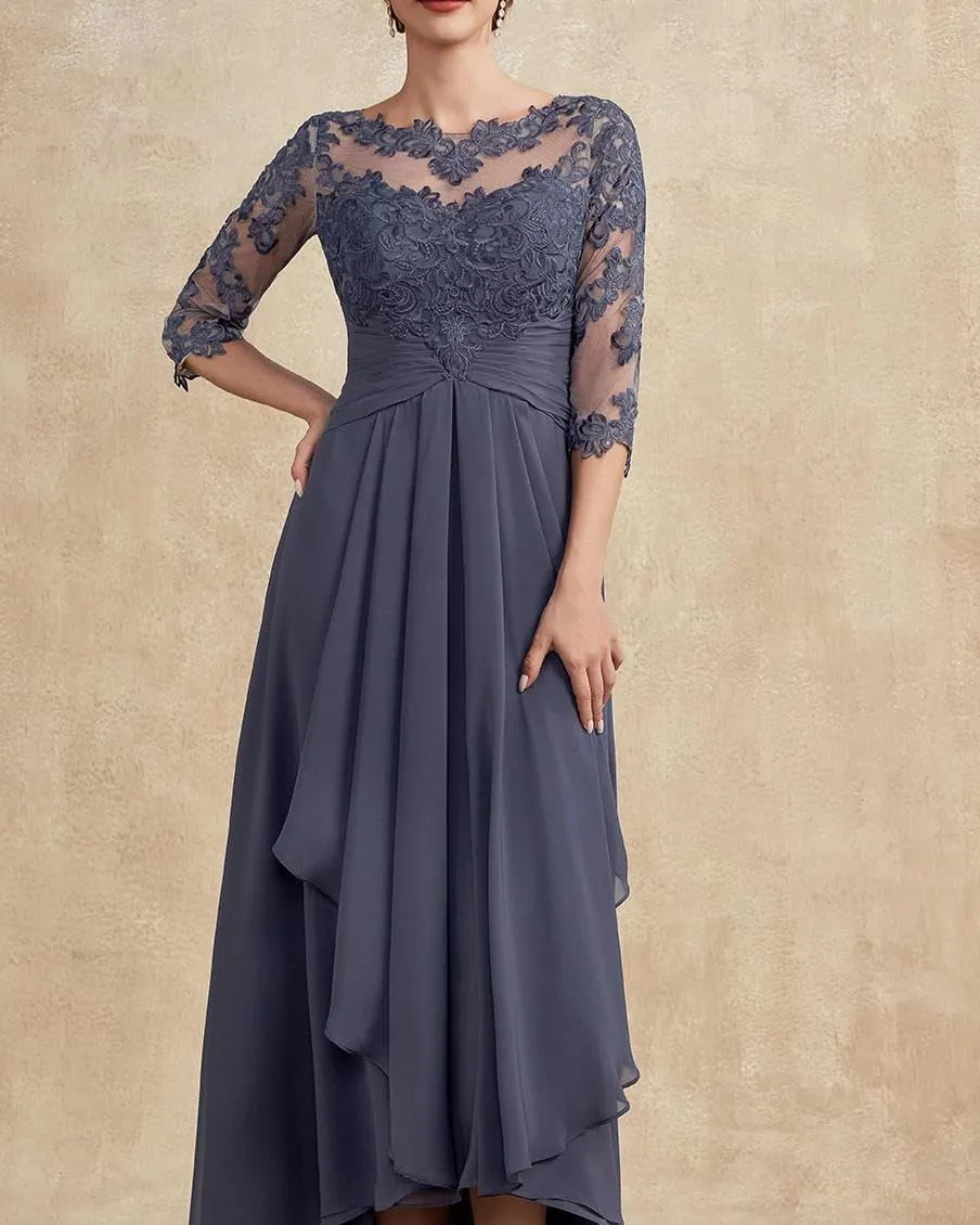 Women's Boat Neck Lace Mother of The Bride Dress with 3/4 Sleeves Chiffon Evening Dress WD106