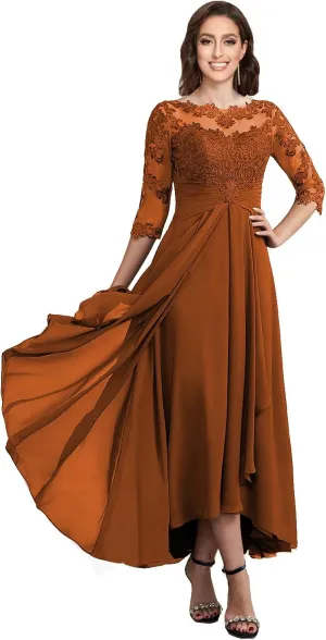 Women's Boat Neck Lace Mother of The Bride Dress with 3/4 Sleeves Chiffon Evening Dress WD106