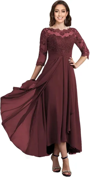 Women's Boat Neck Lace Mother of The Bride Dress with 3/4 Sleeves Chiffon Evening Dress WD106