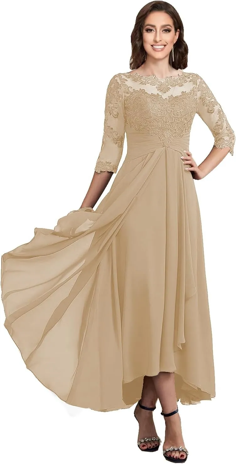 Women's Boat Neck Lace Mother of The Bride Dress with 3/4 Sleeves Chiffon Evening Dress WD106