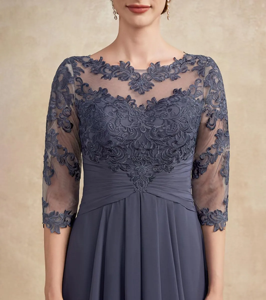 Women's Boat Neck Lace Mother of The Bride Dress with 3/4 Sleeves Chiffon Evening Dress WD106