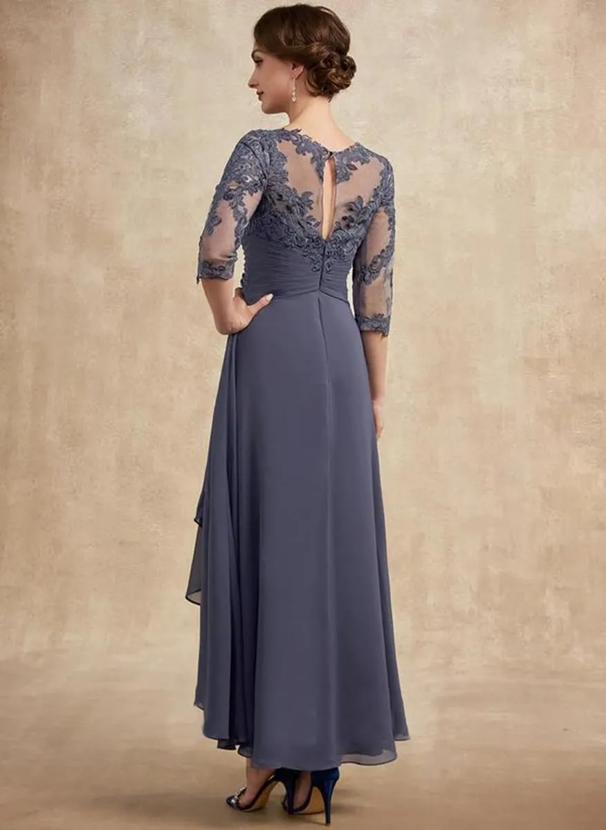 Women's Boat Neck Lace Mother of The Bride Dress with 3/4 Sleeves Chiffon Evening Dress WD106
