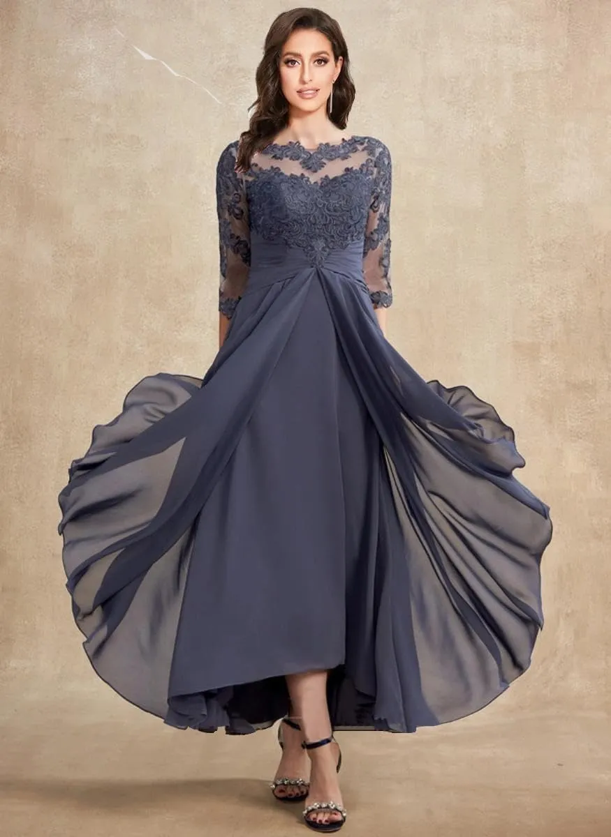 Women's Boat Neck Lace Mother of The Bride Dress with 3/4 Sleeves Chiffon Evening Dress WD106