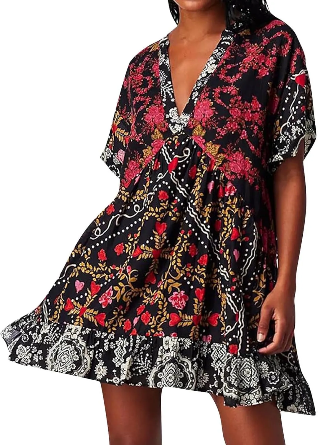 Womens Bohemian Babydoll Dress Casual Summer Floral Dresses Short Sleeve V Neck Sundress Flowy Ruffle Dress