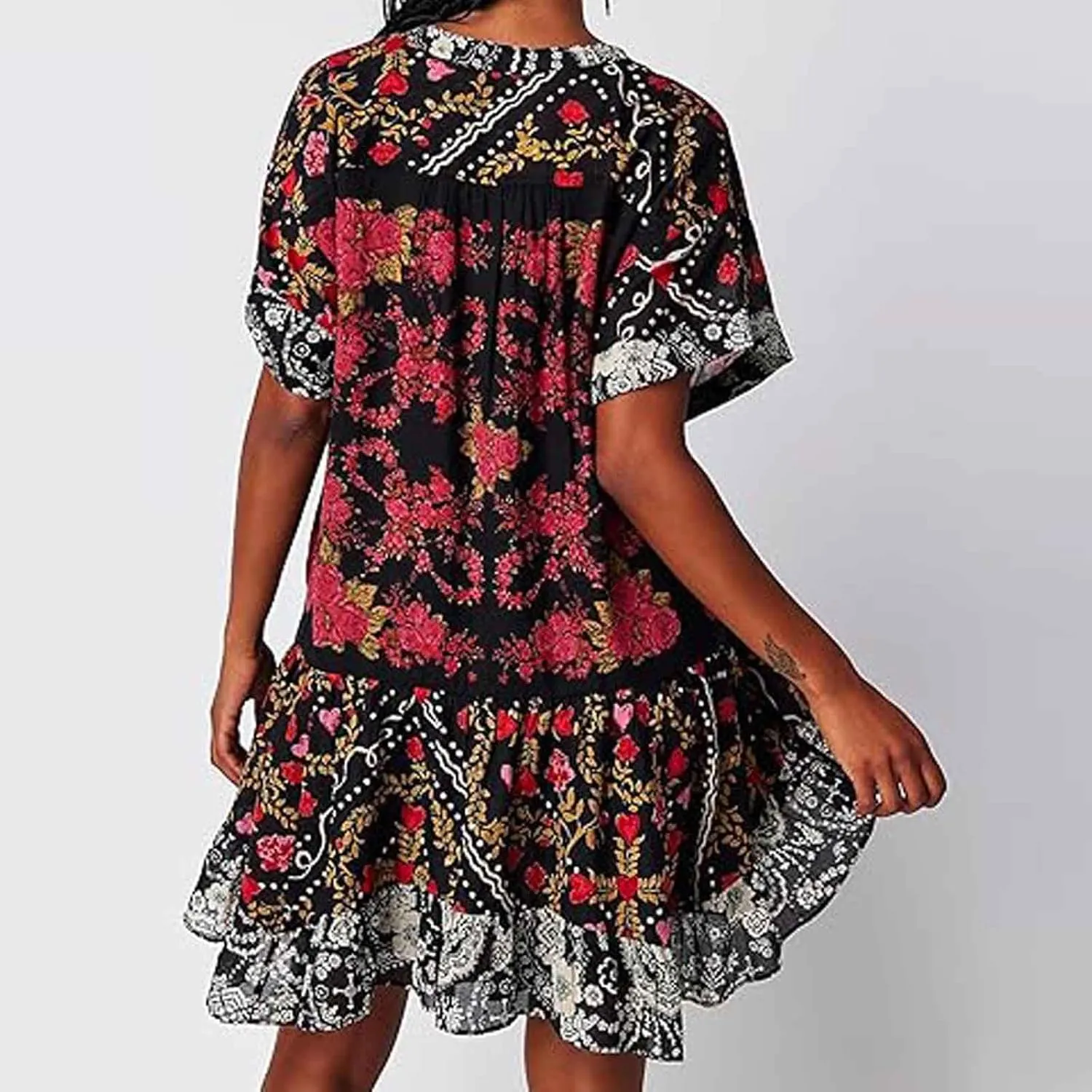 Womens Bohemian Babydoll Dress Casual Summer Floral Dresses Short Sleeve V Neck Sundress Flowy Ruffle Dress