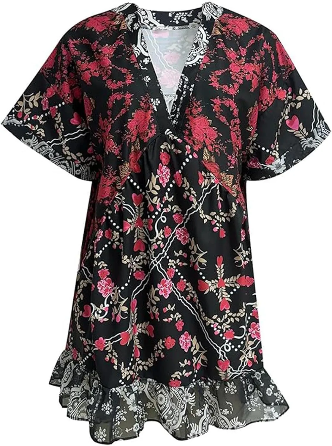 Womens Bohemian Babydoll Dress Casual Summer Floral Dresses Short Sleeve V Neck Sundress Flowy Ruffle Dress