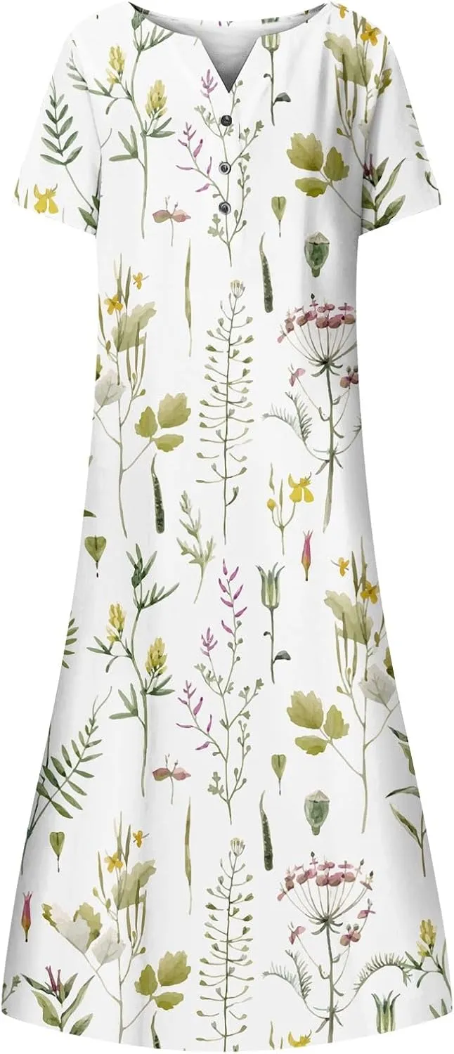 Women's Bohemian Floral Maxi Dress Casual Loose Summer Short Sleeve Beach Vacation Dresses with Pockets