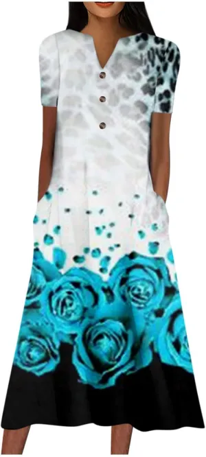 Women's Bohemian Floral Maxi Dress Casual Loose Summer Short Sleeve Beach Vacation Dresses with Pockets
