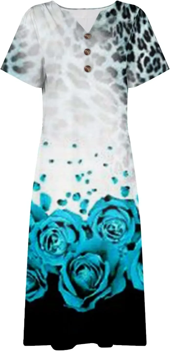 Women's Bohemian Floral Maxi Dress Casual Loose Summer Short Sleeve Beach Vacation Dresses with Pockets