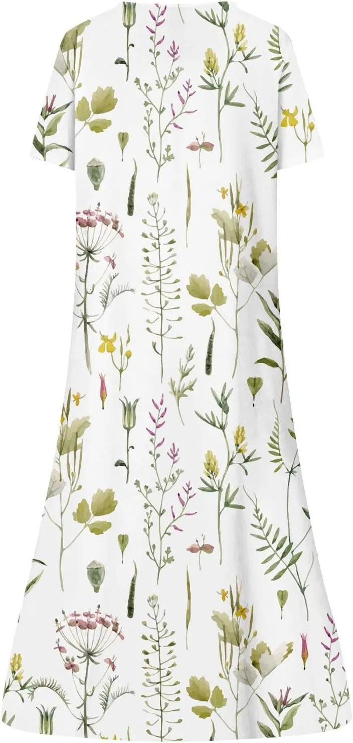 Women's Bohemian Floral Maxi Dress Casual Loose Summer Short Sleeve Beach Vacation Dresses with Pockets