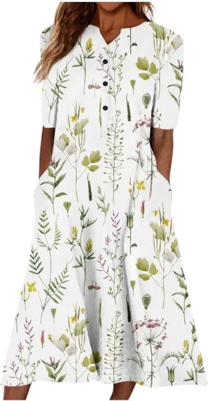Women's Bohemian Floral Maxi Dress Casual Loose Summer Short Sleeve Beach Vacation Dresses with Pockets