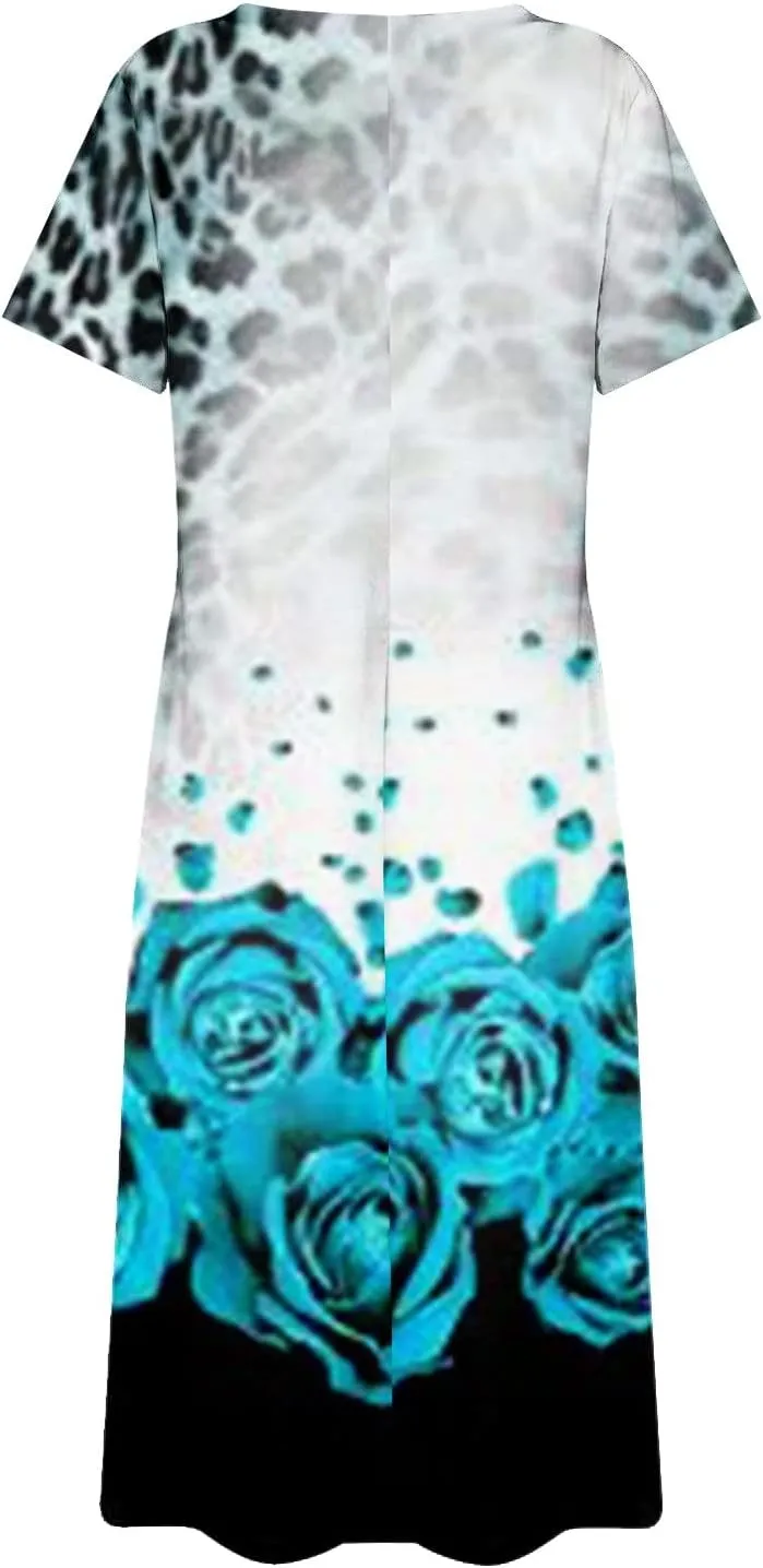 Women's Bohemian Floral Maxi Dress Casual Loose Summer Short Sleeve Beach Vacation Dresses with Pockets