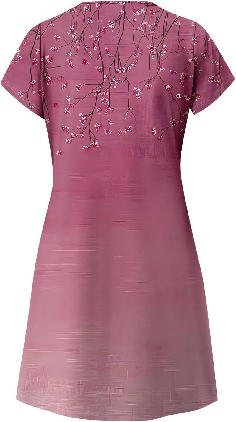 Women's Bohemian Floral Print Summer Dress with Pockets Short Sleeve V-Neck Casual Loose Fit Sundress