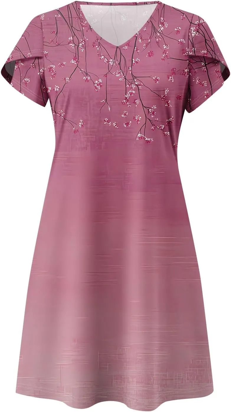 Women's Bohemian Floral Print Summer Dress with Pockets Short Sleeve V-Neck Casual Loose Fit Sundress