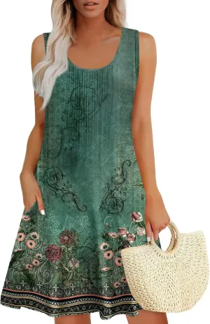 Women's Bohemian Floral Sleeveless Summer Dress with Pockets Casual Loose Fit Beach Summer for Vacation
