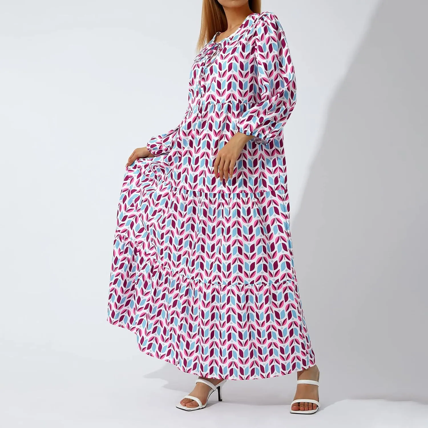 Women's Boho Casual Maxi Dress Bohemian Floral V Neck Puff Short Sleeve Summer Beach Tiered Sundress Long Swing Dress