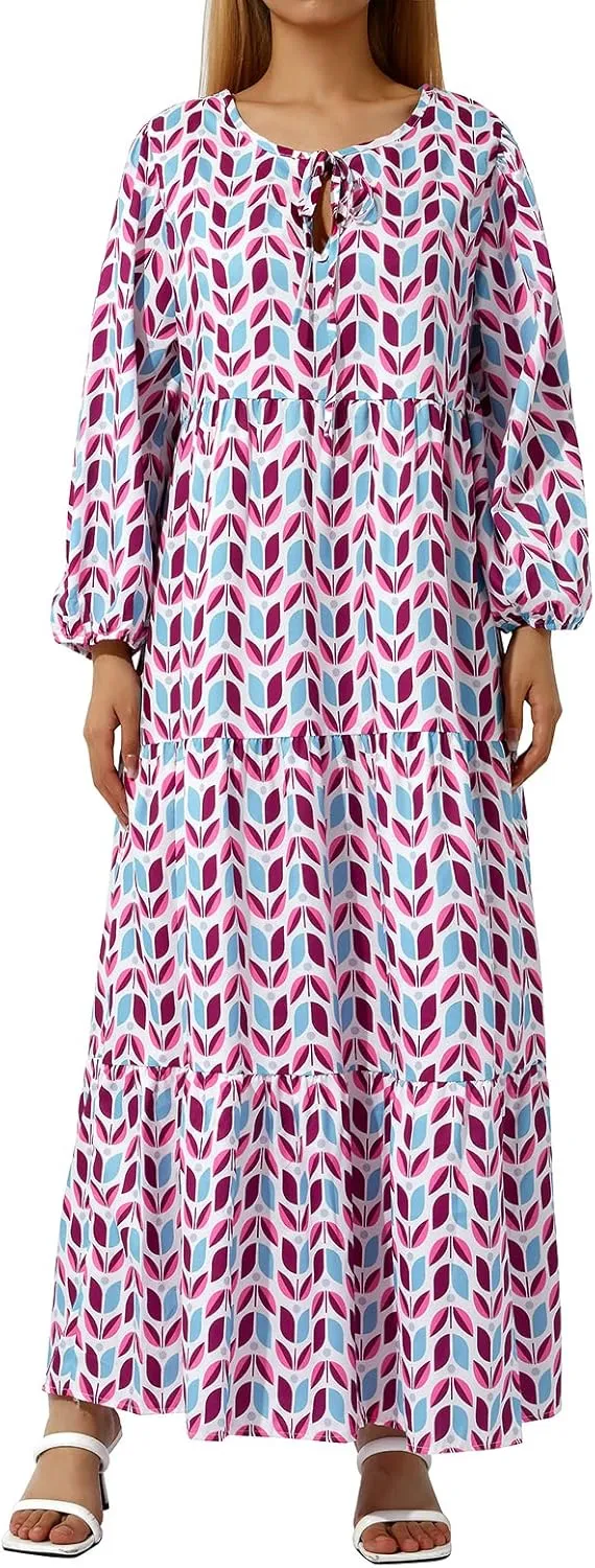 Women's Boho Casual Maxi Dress Bohemian Floral V Neck Puff Short Sleeve Summer Beach Tiered Sundress Long Swing Dress