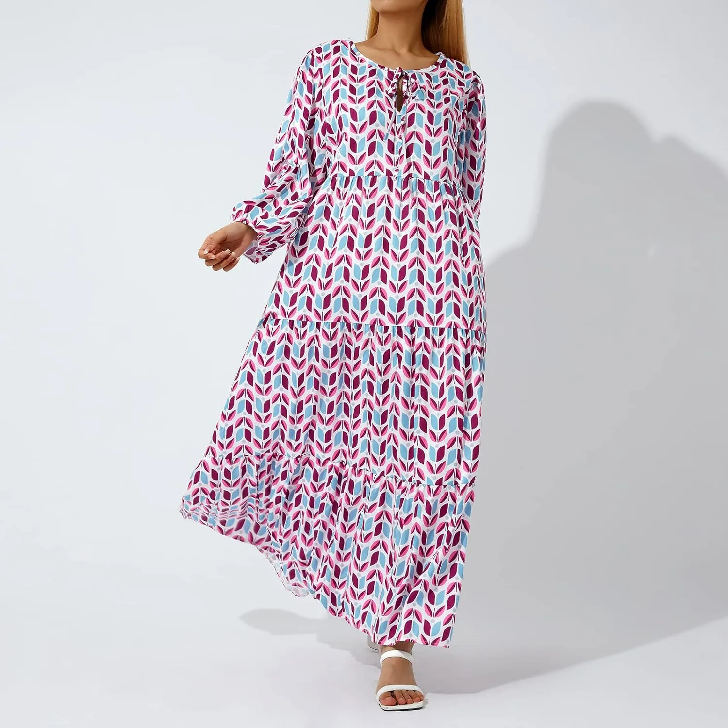 Women's Boho Casual Maxi Dress Bohemian Floral V Neck Puff Short Sleeve Summer Beach Tiered Sundress Long Swing Dress