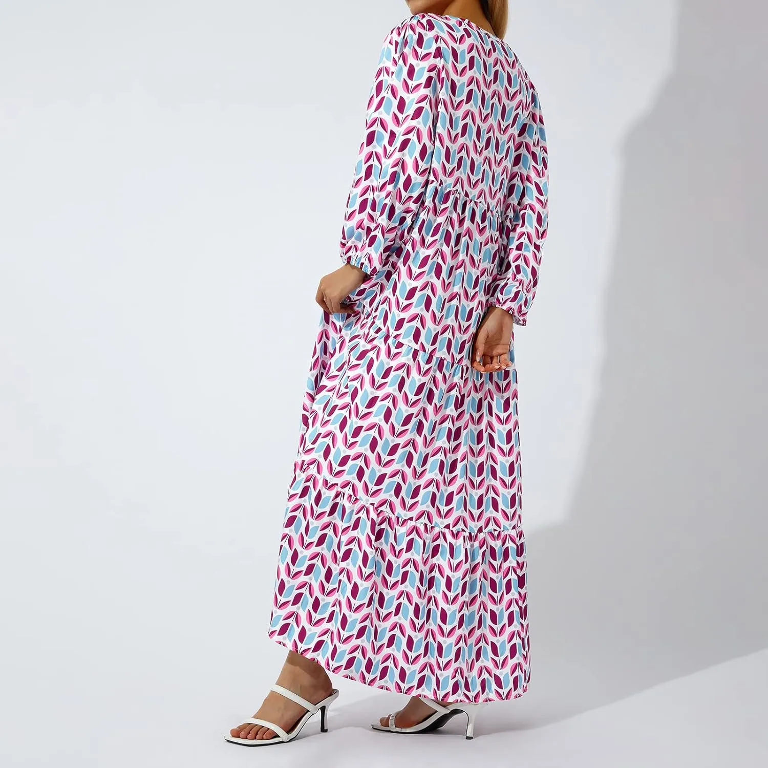Women's Boho Casual Maxi Dress Bohemian Floral V Neck Puff Short Sleeve Summer Beach Tiered Sundress Long Swing Dress