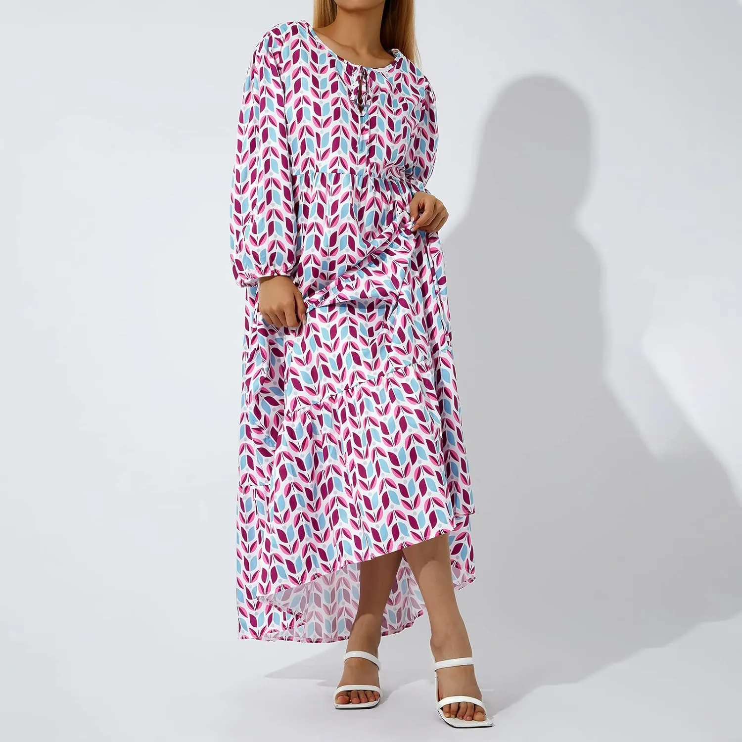 Women's Boho Casual Maxi Dress Bohemian Floral V Neck Puff Short Sleeve Summer Beach Tiered Sundress Long Swing Dress