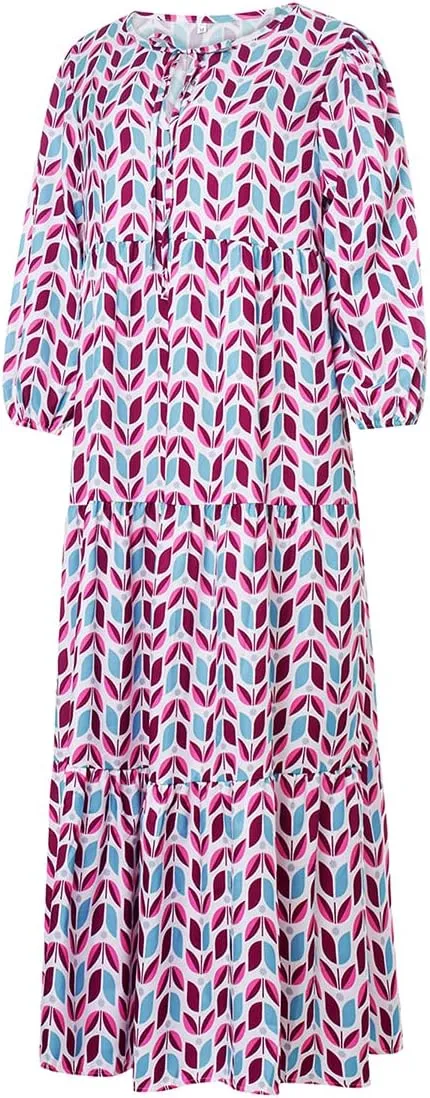 Women's Boho Casual Maxi Dress Bohemian Floral V Neck Puff Short Sleeve Summer Beach Tiered Sundress Long Swing Dress