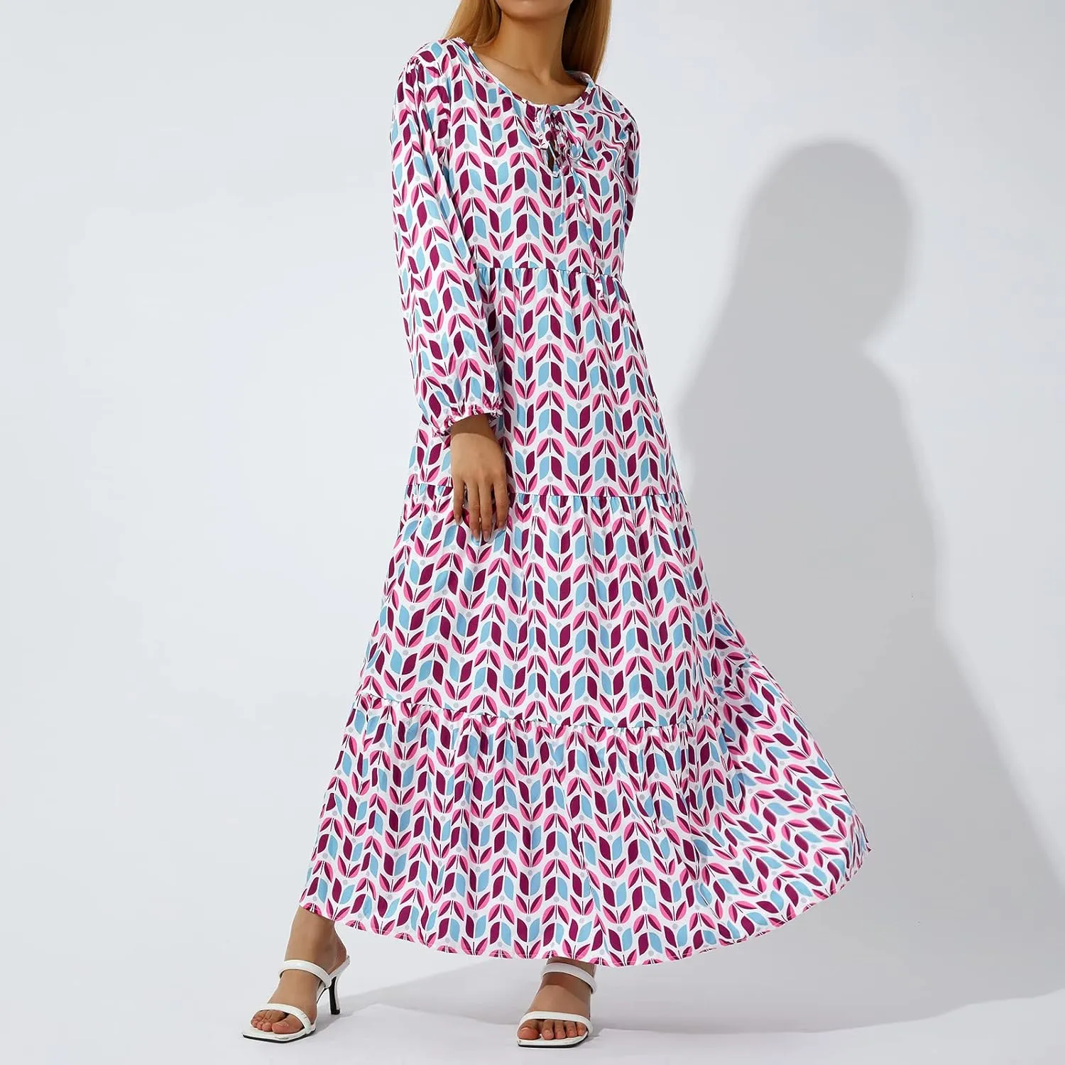 Women's Boho Casual Maxi Dress Bohemian Floral V Neck Puff Short Sleeve Summer Beach Tiered Sundress Long Swing Dress