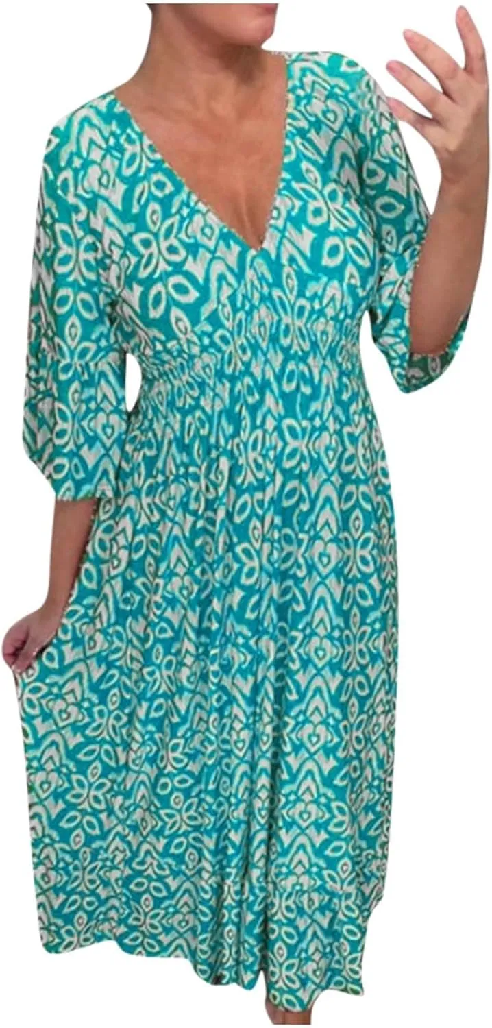 Womens Boho Dresses Trendy V Neck 3/4 Sleeve Maxi Dress Casual Loose FIt Floral Printed Ruffle Hem Beach Sundress