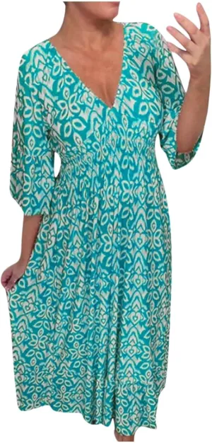 Womens Boho Dresses Trendy V Neck 3/4 Sleeve Maxi Dress Casual Loose FIt Floral Printed Ruffle Hem Beach Sundress