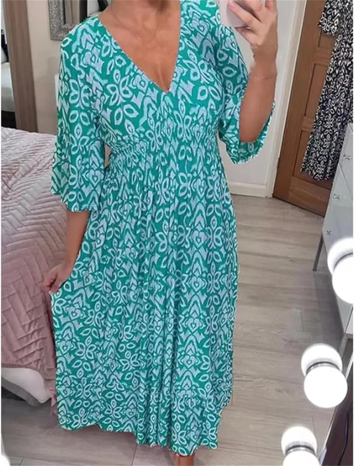Womens Boho Dresses Trendy V Neck 3/4 Sleeve Maxi Dress Casual Loose FIt Floral Printed Ruffle Hem Beach Sundress