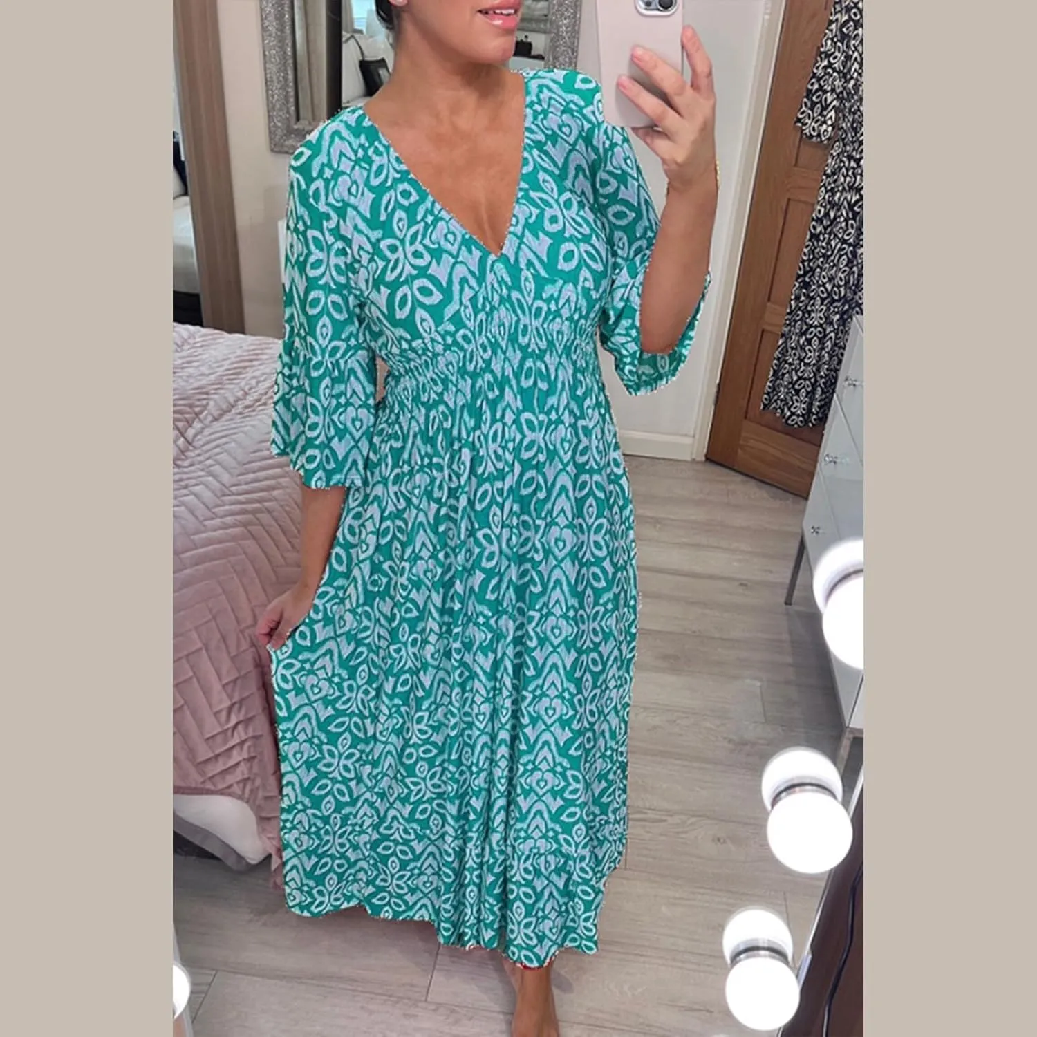 Womens Boho Dresses Trendy V Neck 3/4 Sleeve Maxi Dress Casual Loose FIt Floral Printed Ruffle Hem Beach Sundress