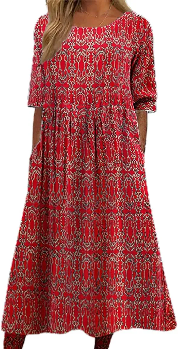 Women's Boho Floral Flowy A Line Midi Dress Loose Summer Casual Short Sleeve Beach Vacation Dresses with Pockets