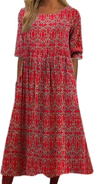 Women's Boho Floral Flowy A Line Midi Dress Loose Summer Casual Short Sleeve Beach Vacation Dresses with Pockets