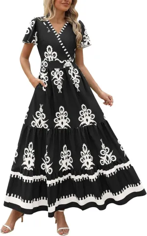 Womens Boho Floral Summer Maxi Dress Casual Aline V Neck Bell Sleeve Tiered Flowy Dresses for Women 2025