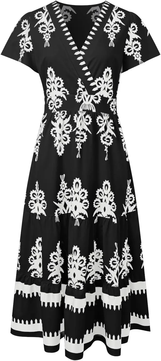 Womens Boho Floral Summer Maxi Dress Casual Aline V Neck Bell Sleeve Tiered Flowy Dresses for Women 2025