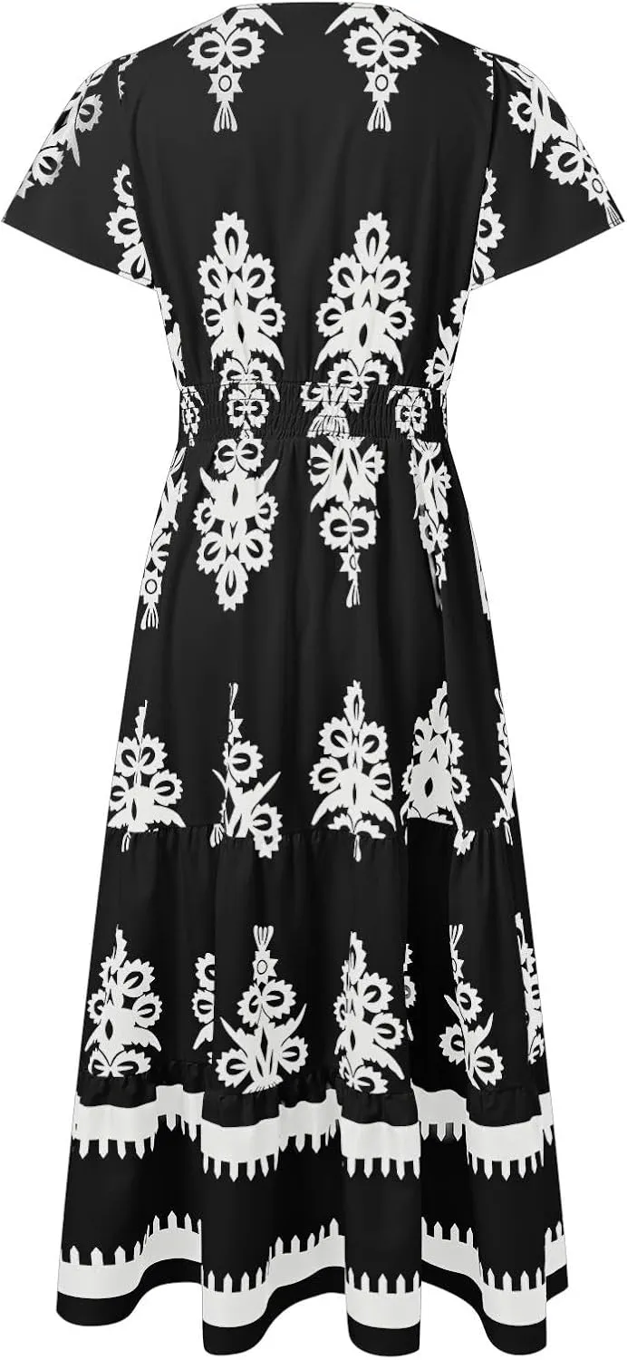 Womens Boho Floral Summer Maxi Dress Casual Aline V Neck Bell Sleeve Tiered Flowy Dresses for Women 2025