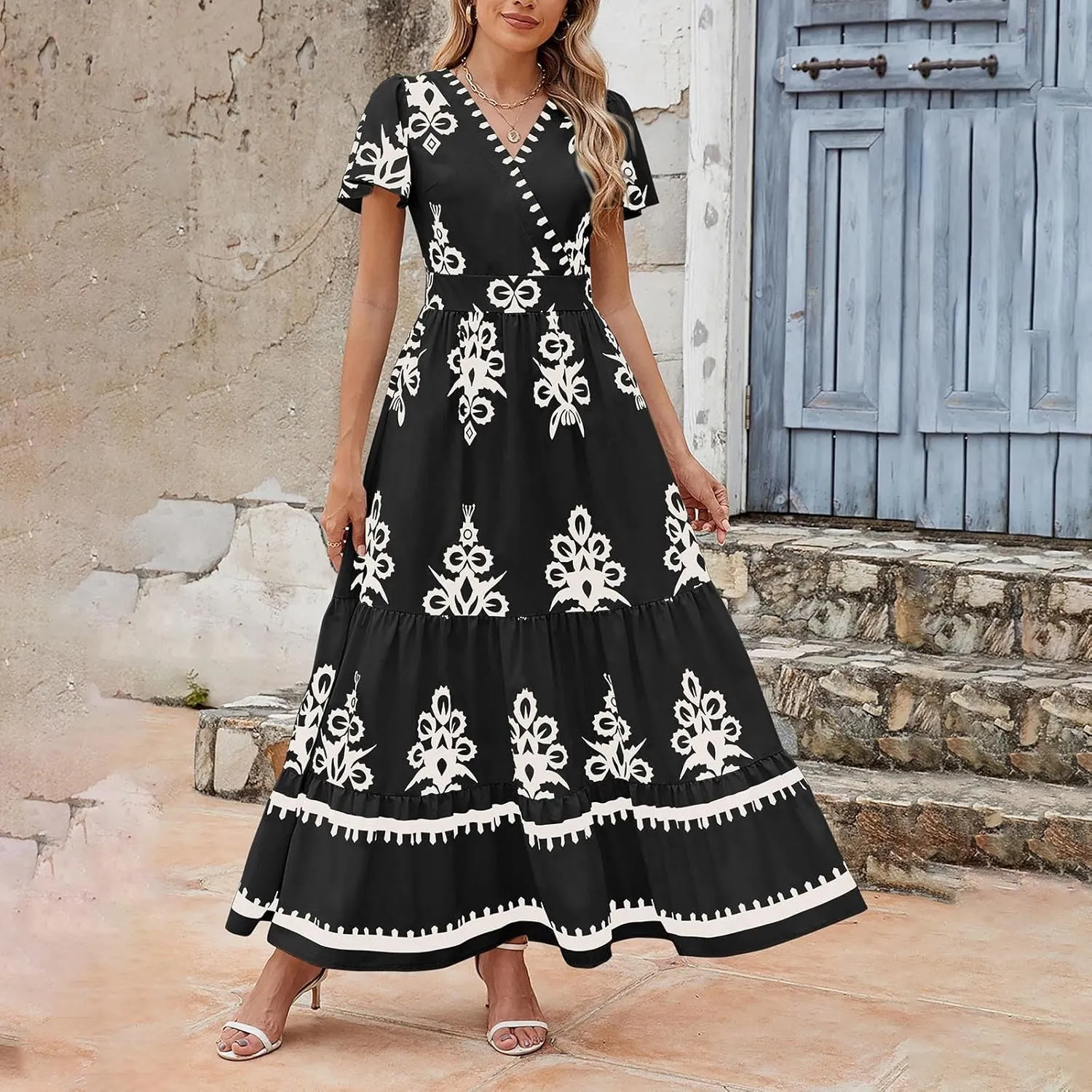 Womens Boho Floral Summer Maxi Dress Casual Aline V Neck Bell Sleeve Tiered Flowy Dresses for Women 2025